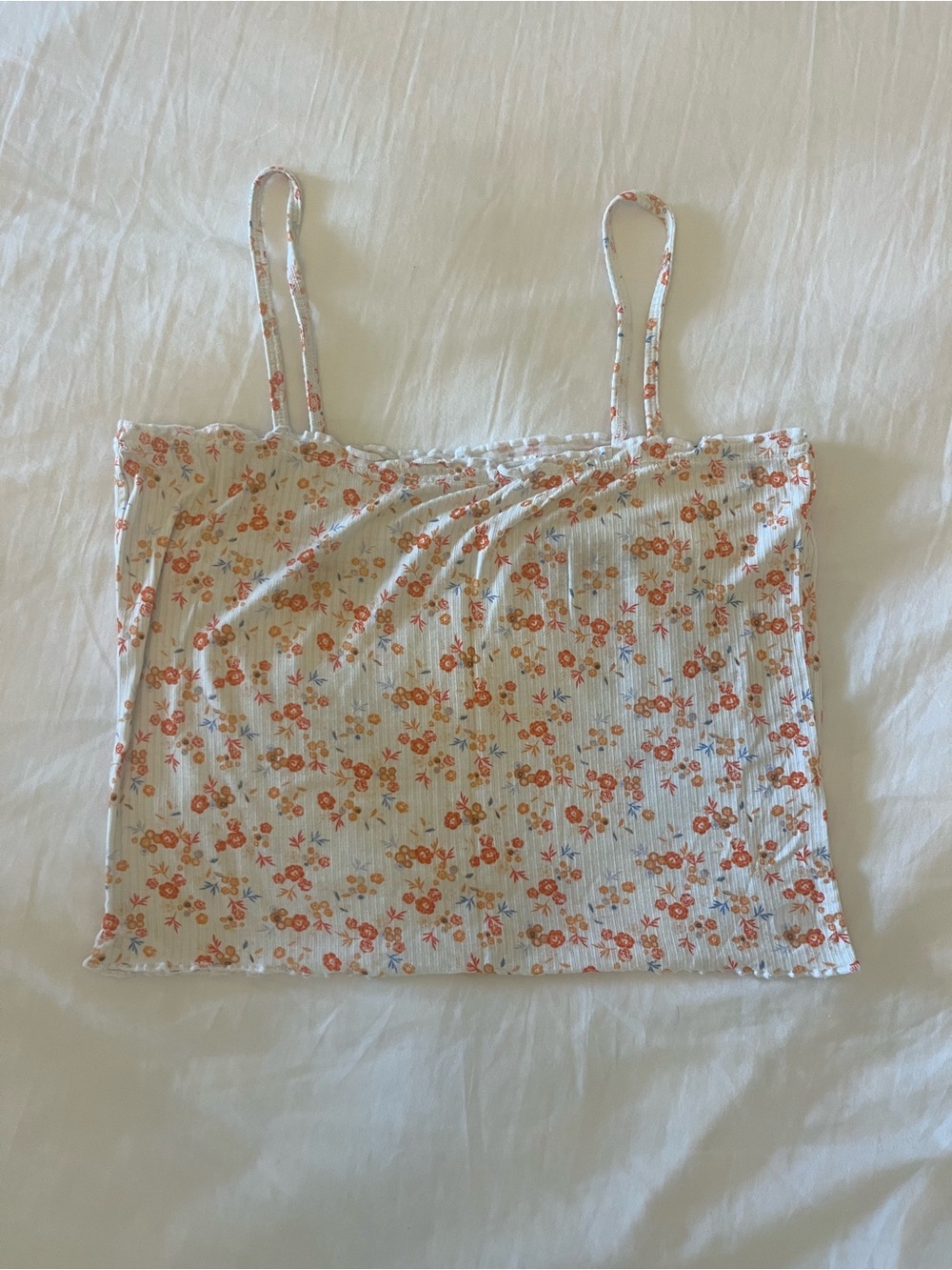 Floral Ribbed Spaghetti Strap Tank Top - White with Orange Floral